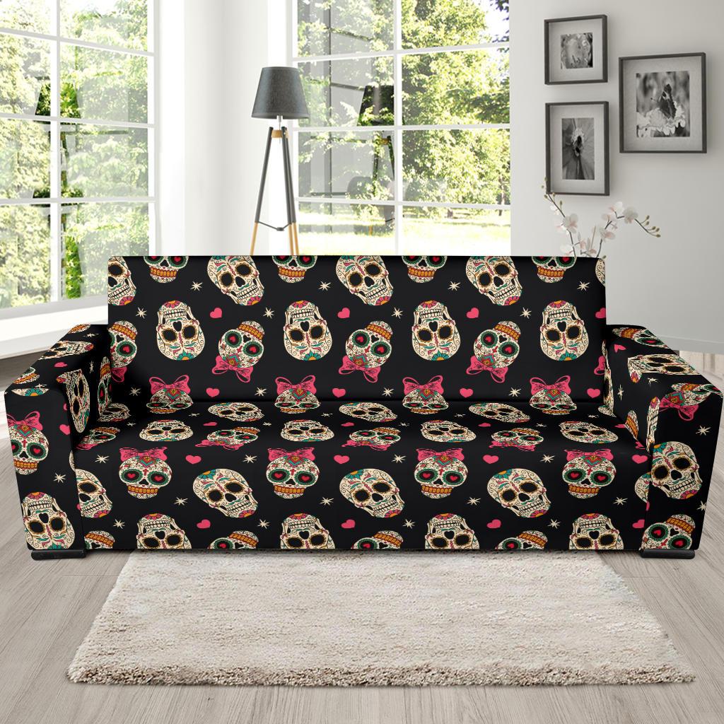 Sugar Skull Pink Bow Themed Print Sofa Slipcover-JTAMIGO.COM