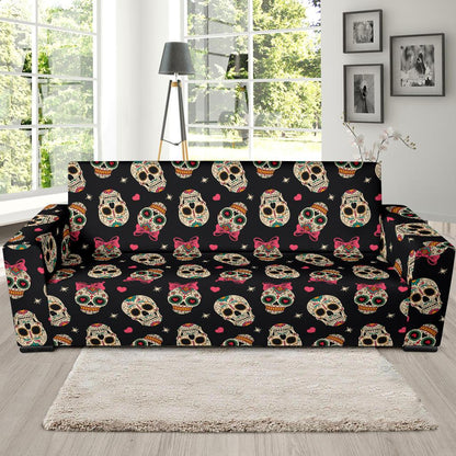 Sugar Skull Pink Bow Themed Print Sofa Slipcover-JTAMIGO.COM