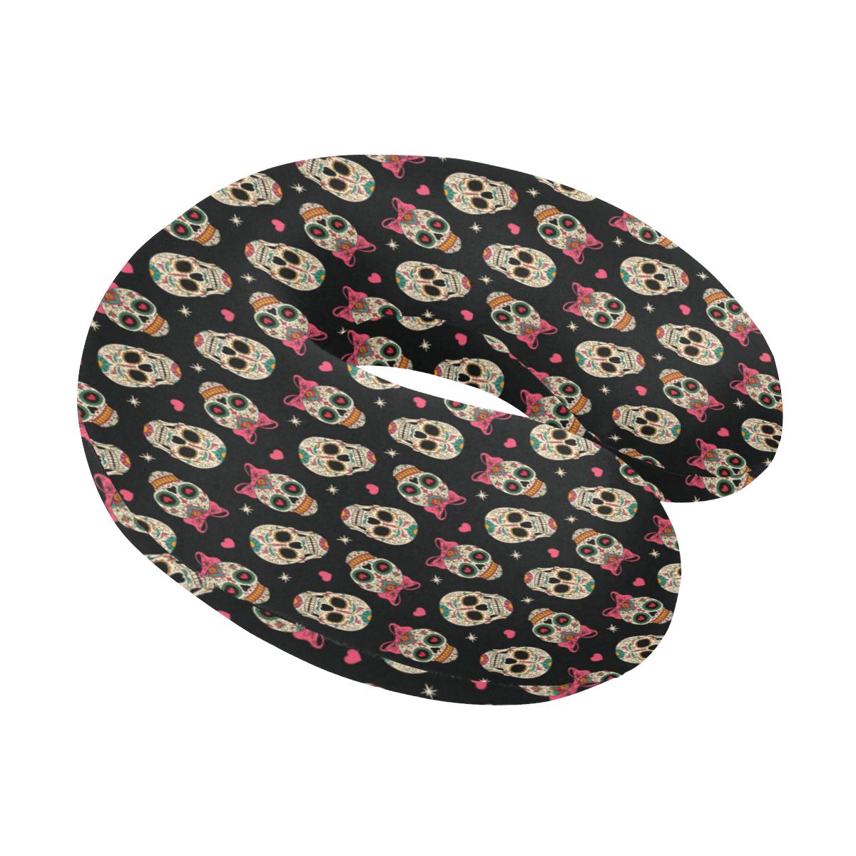 Sugar Skull Pink Bow Themed Print U-Shaped Travel Neck Pillow-JTAMIGO.COM