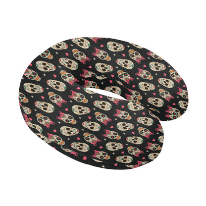 Sugar Skull Pink Bow Themed Print U-Shaped Travel Neck Pillow-JTAMIGO.COM