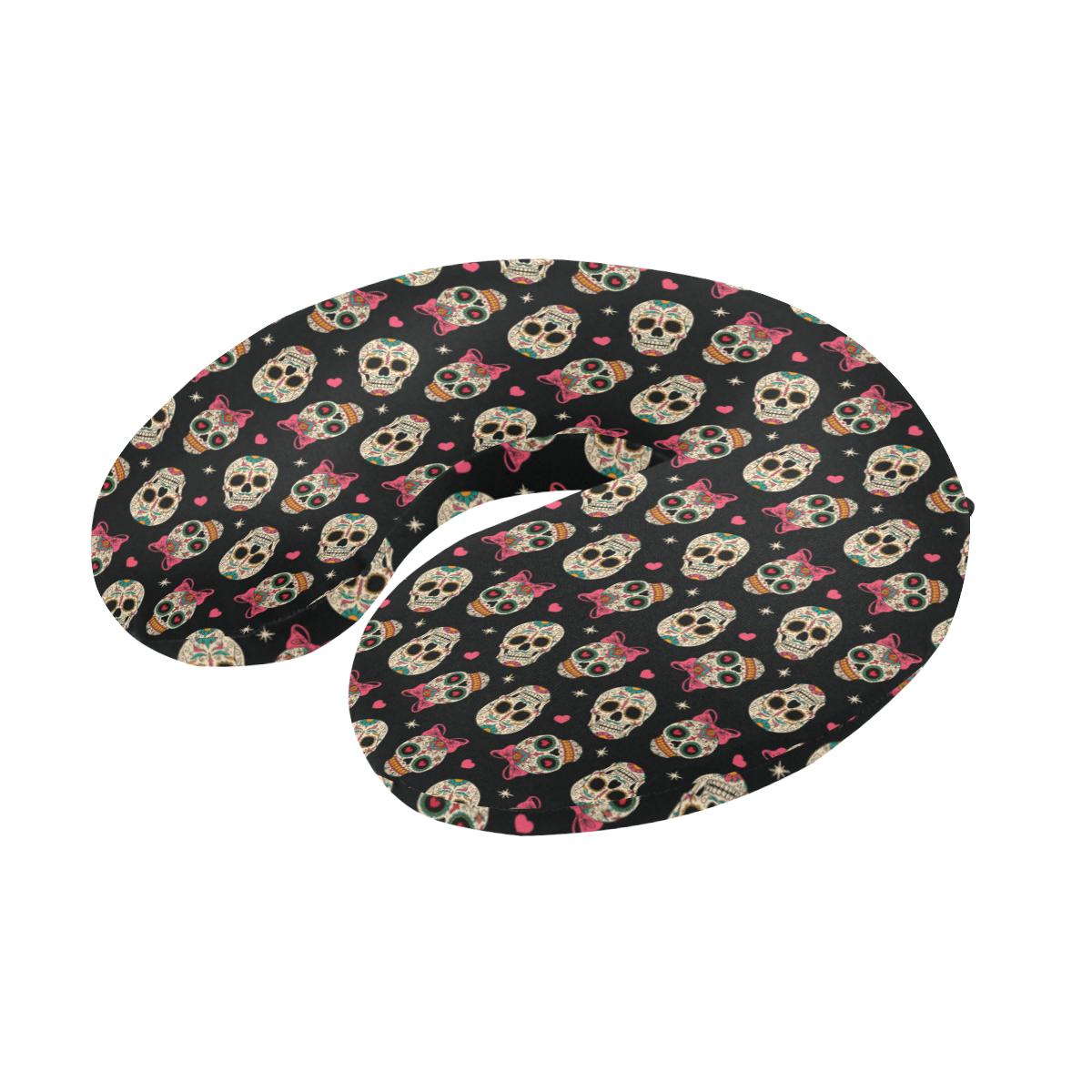 Sugar Skull Pink Bow Themed Print U-Shaped Travel Neck Pillow-JTAMIGO.COM