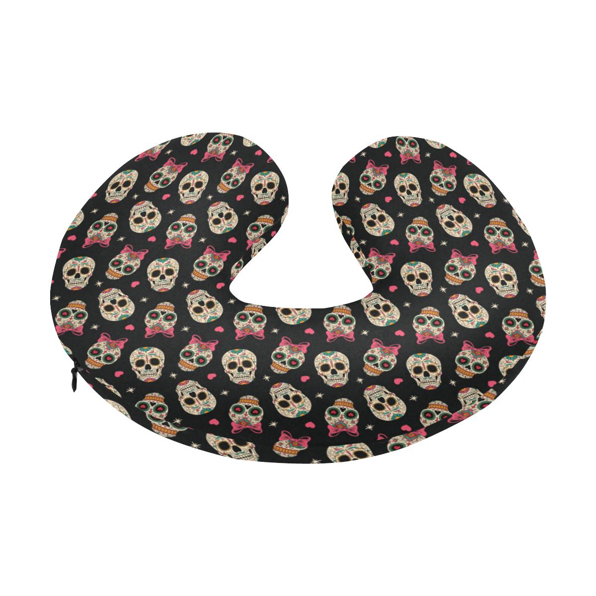 Sugar Skull Pink Bow Themed Print U-Shaped Travel Neck Pillow-JTAMIGO.COM