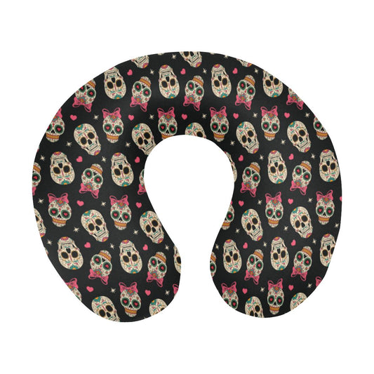 Sugar Skull Pink Bow Themed Print U-Shaped Travel Neck Pillow-JTAMIGO.COM
