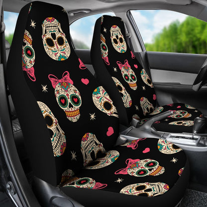 Sugar Skull Pink Bow Themed Print Universal Fit Car Seat Covers