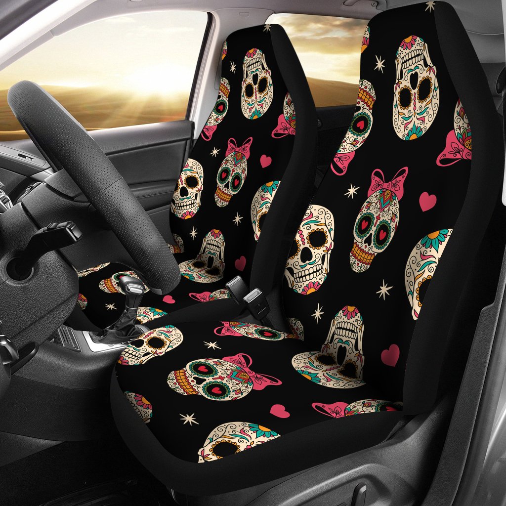 Sugar Skull Pink Bow Themed Print Universal Fit Car Seat Covers