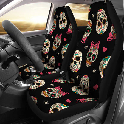 Sugar Skull Pink Bow Themed Print Universal Fit Car Seat Covers