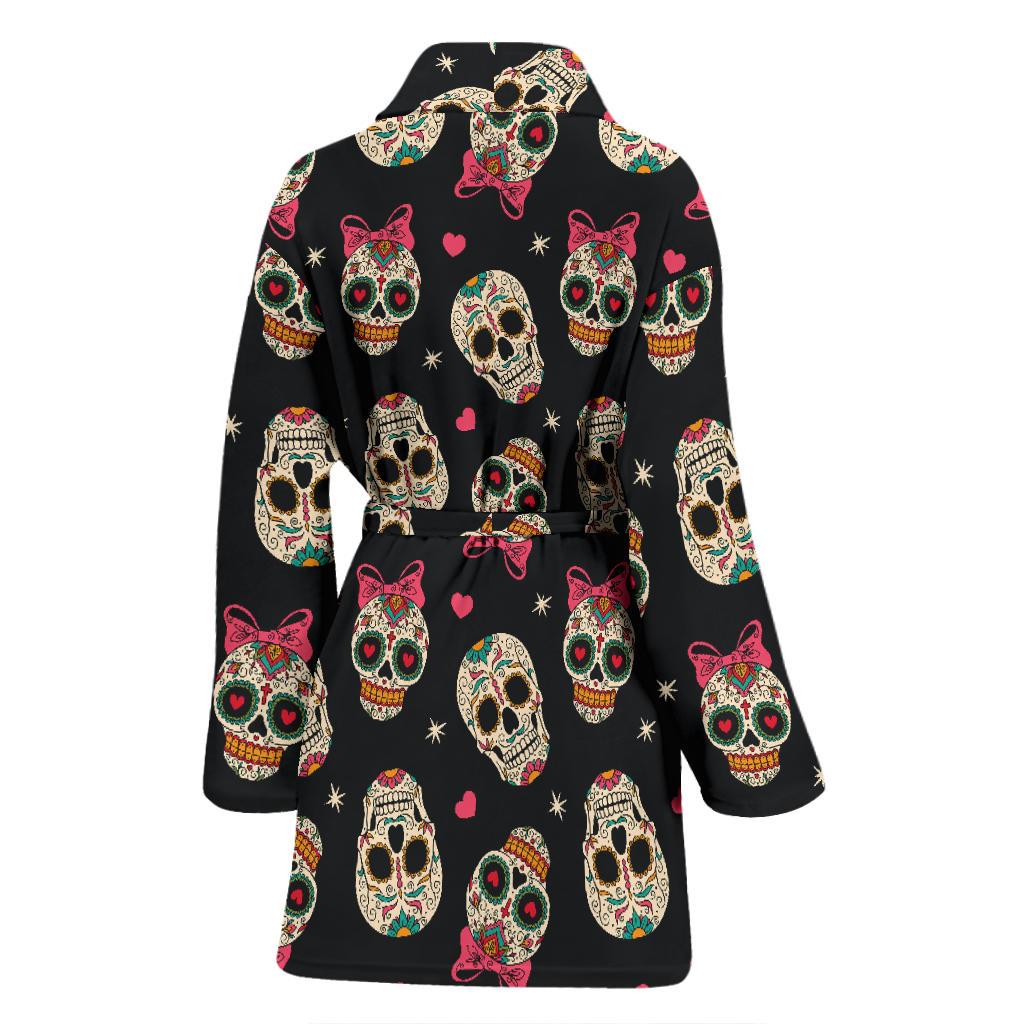 Sugar Skull Pink Bow Themed Print Women Bath Robe-JTAMIGO.COM
