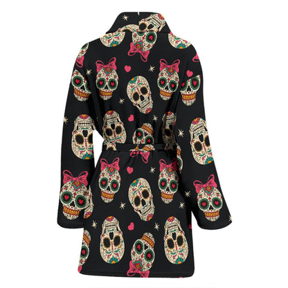 Sugar Skull Pink Bow Themed Print Women Bath Robe-JTAMIGO.COM