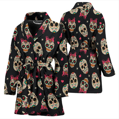 Sugar Skull Pink Bow Themed Print Women Bath Robe-JTAMIGO.COM
