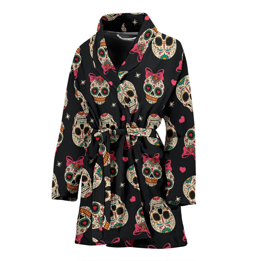 Sugar Skull Pink Bow Themed Print Women Bath Robe-JTAMIGO.COM
