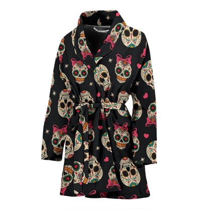Sugar Skull Pink Bow Themed Print Women Bath Robe-JTAMIGO.COM