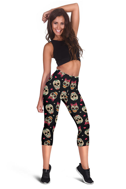 Sugar Skull Pink Bow Themed Print Women Capris