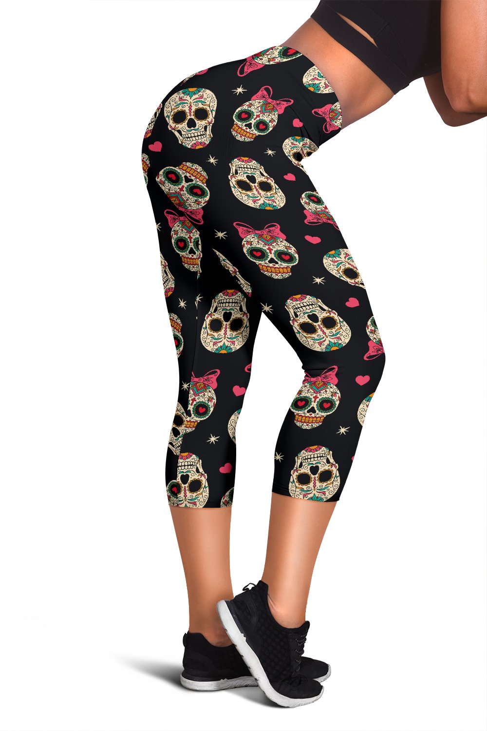Sugar Skull Pink Bow Themed Print Women Capris