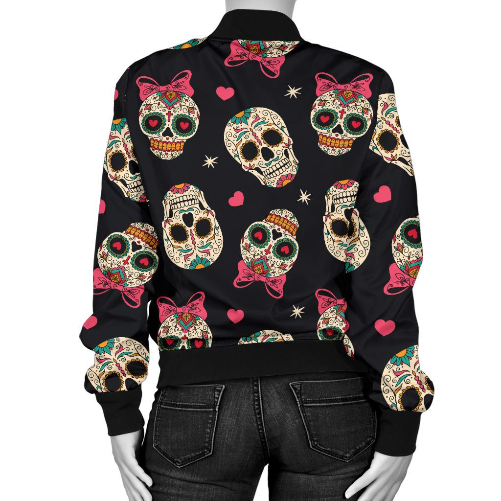 Sugar Skull Pink Bow Themed Print Women Casual Bomber Jacket