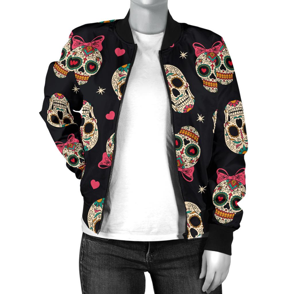Sugar Skull Pink Bow Themed Print Women Casual Bomber Jacket