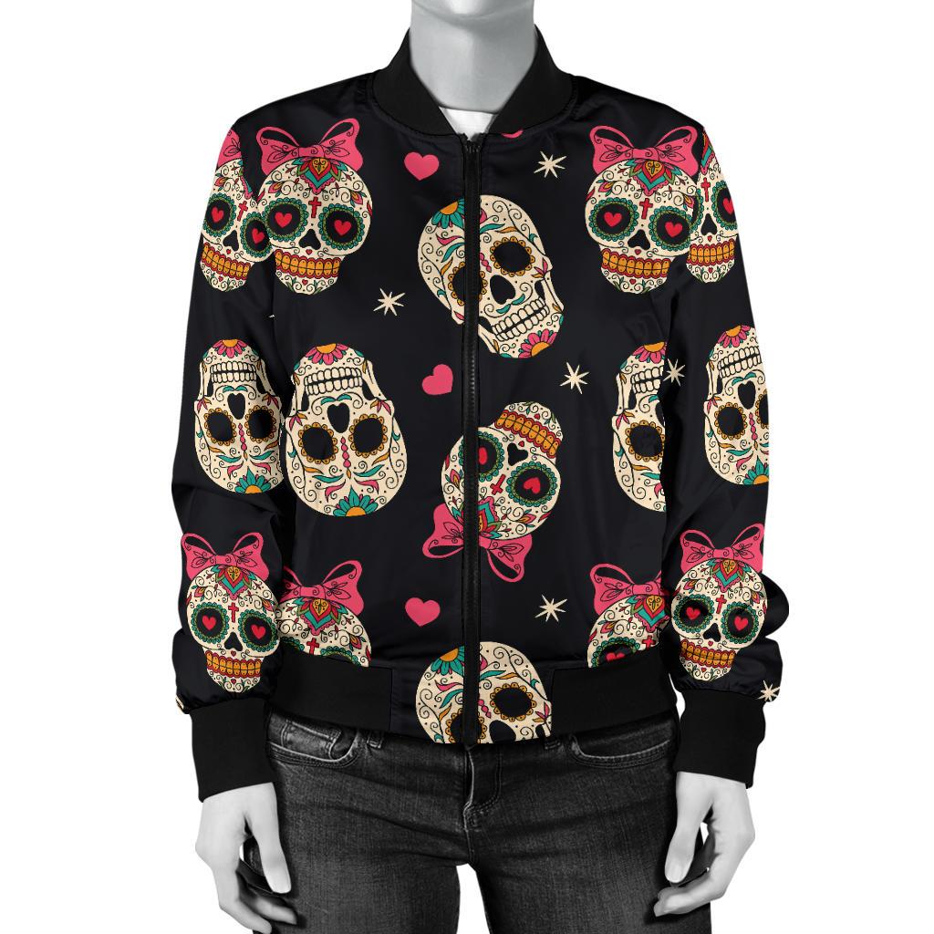 Sugar Skull Pink Bow Themed Print Women Casual Bomber Jacket