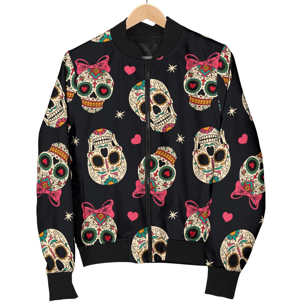 Sugar Skull Pink Bow Themed Print Women Casual Bomber Jacket