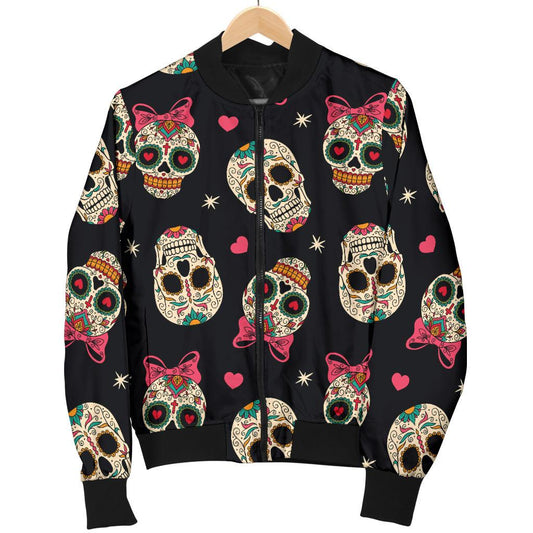 Sugar Skull Pink Bow Themed Print Women Casual Bomber Jacket