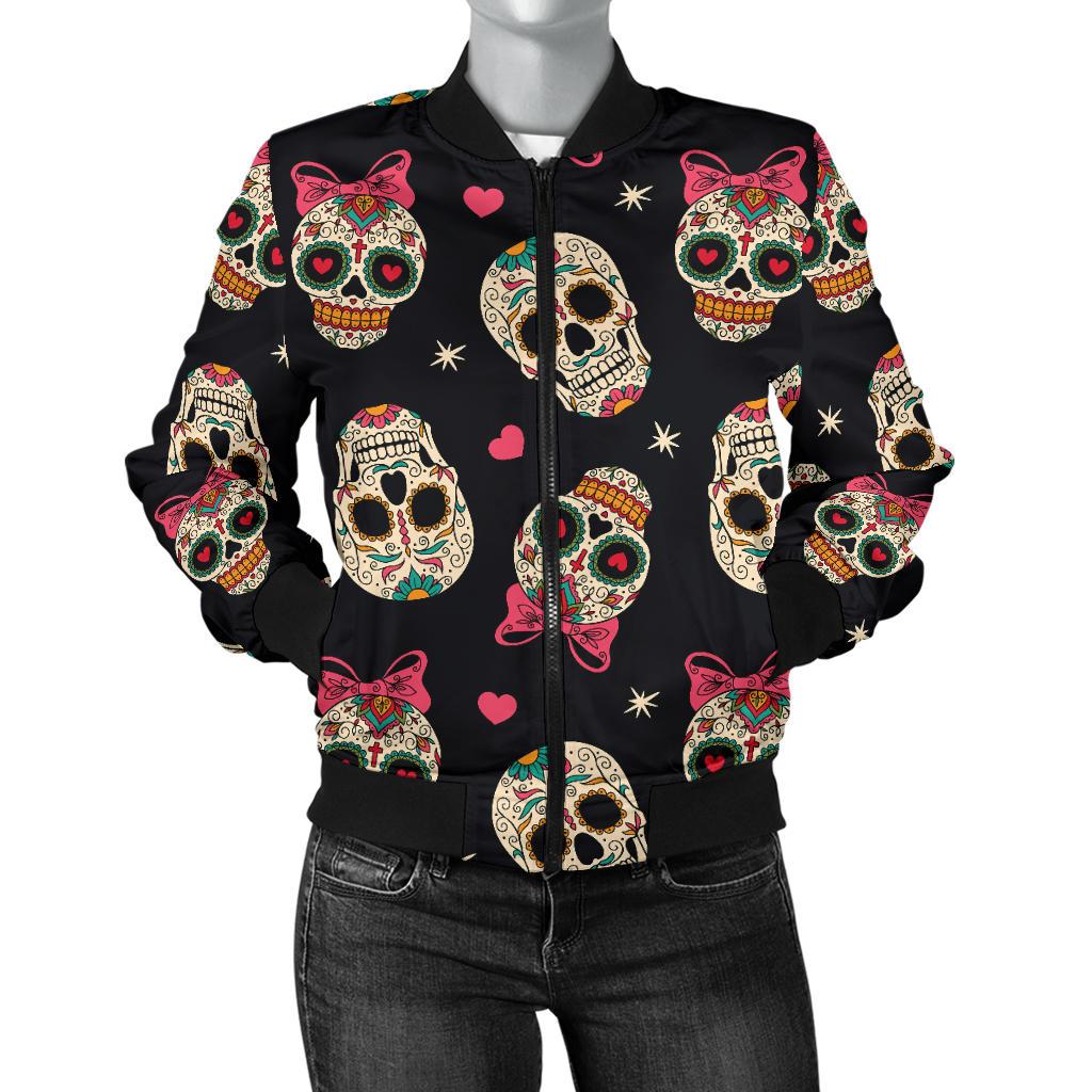 Sugar Skull Pink Bow Themed Print Women Casual Bomber Jacket