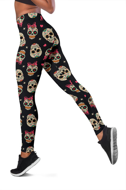 Sugar Skull Pink Bow Themed Print Women Leggings