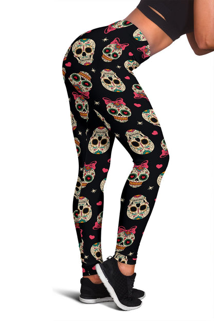 Sugar Skull Pink Bow Themed Print Women Leggings
