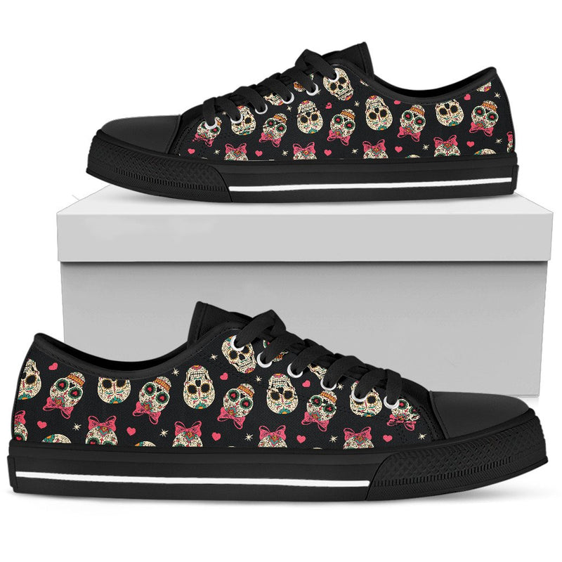 Sugar Skull Pink Bow Themed Print Women Low Top Shoes-JTAMIGO.COM