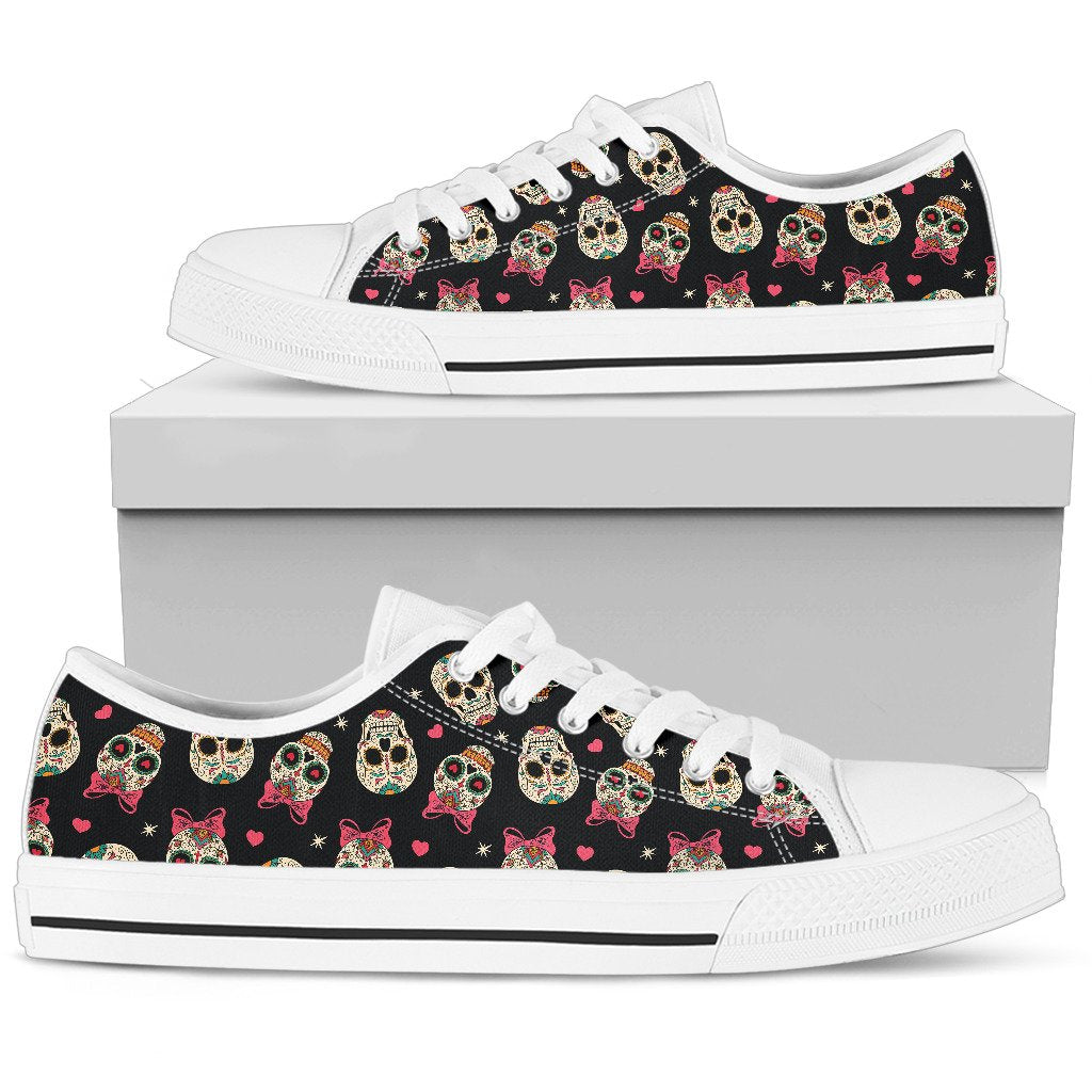 Sugar Skull Pink Bow Themed Print Women Low Top Shoes-JTAMIGO.COM