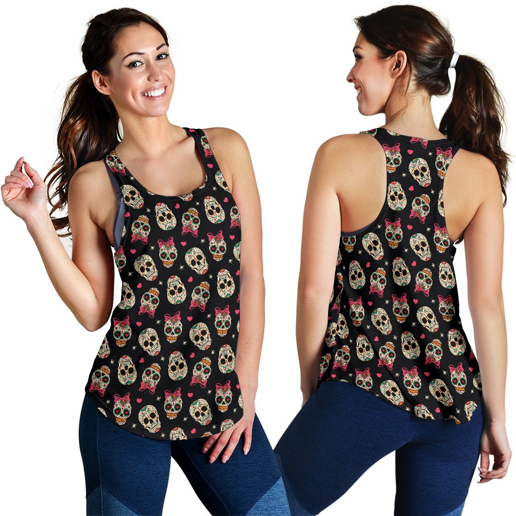 Sugar Skull Pink Bow Themed Print Women Racerback Tank Top