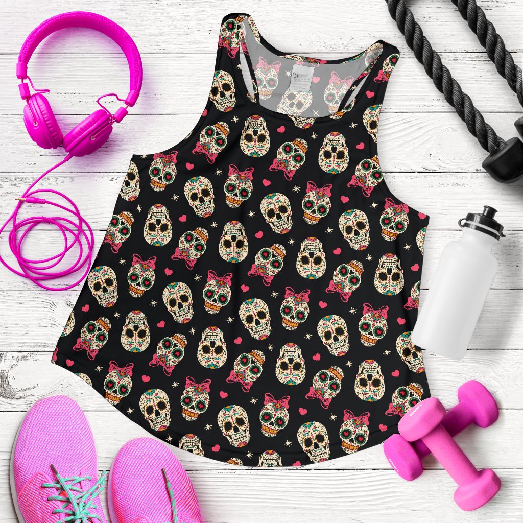 Sugar Skull Pink Bow Themed Print Women Racerback Tank Top