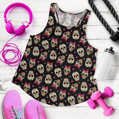 Sugar Skull Pink Bow Themed Print Women Racerback Tank Top