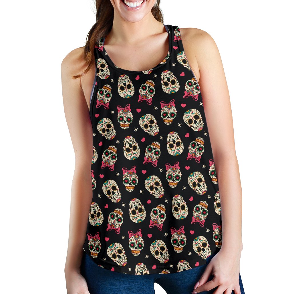 Sugar Skull Pink Bow Themed Print Women Racerback Tank Top