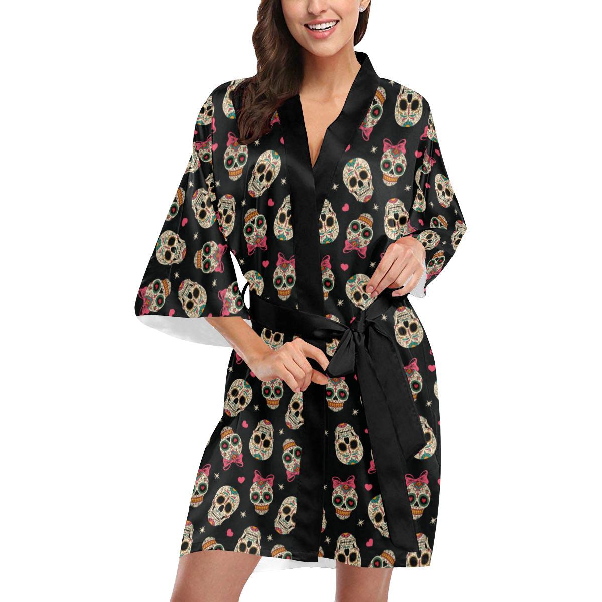 Sugar Skull Pink Bow Themed Print Women Short Kimono Robe