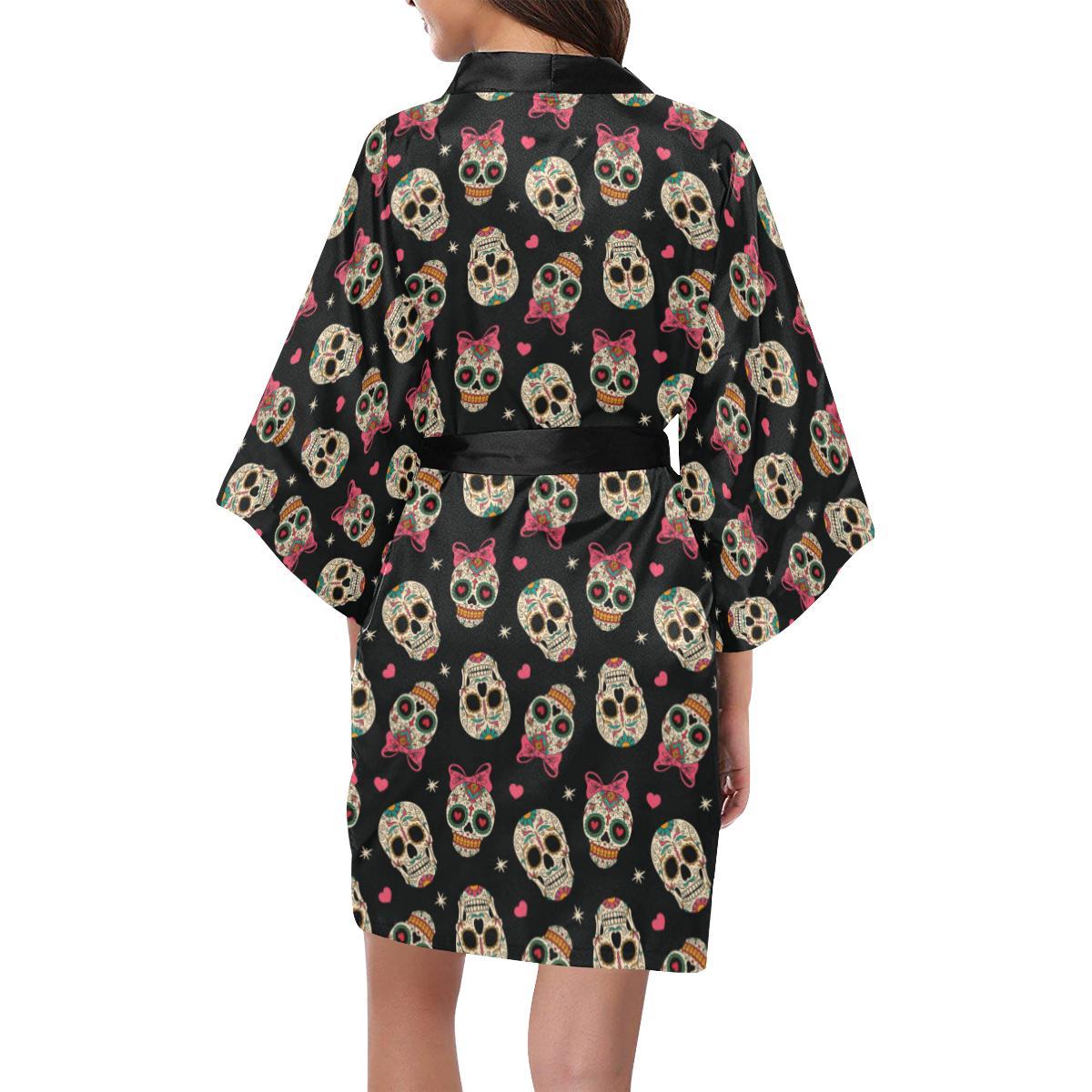 Sugar Skull Pink Bow Themed Print Women Short Kimono Robe