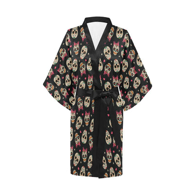 Sugar Skull Pink Bow Themed Print Women Short Kimono Robe