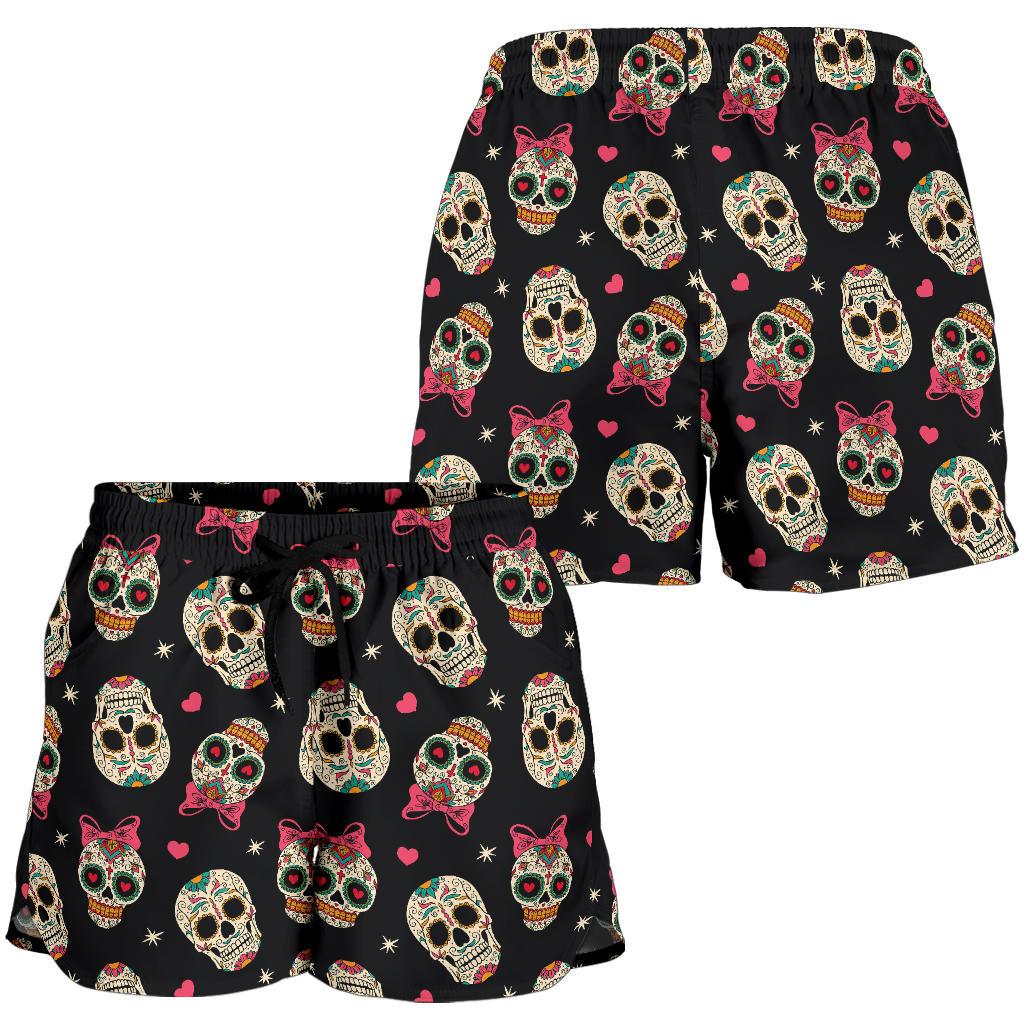 Sugar Skull Pink Bow Themed Print Women Shorts-JTAMIGO.COM