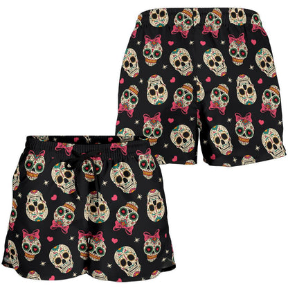 Sugar Skull Pink Bow Themed Print Women Shorts-JTAMIGO.COM