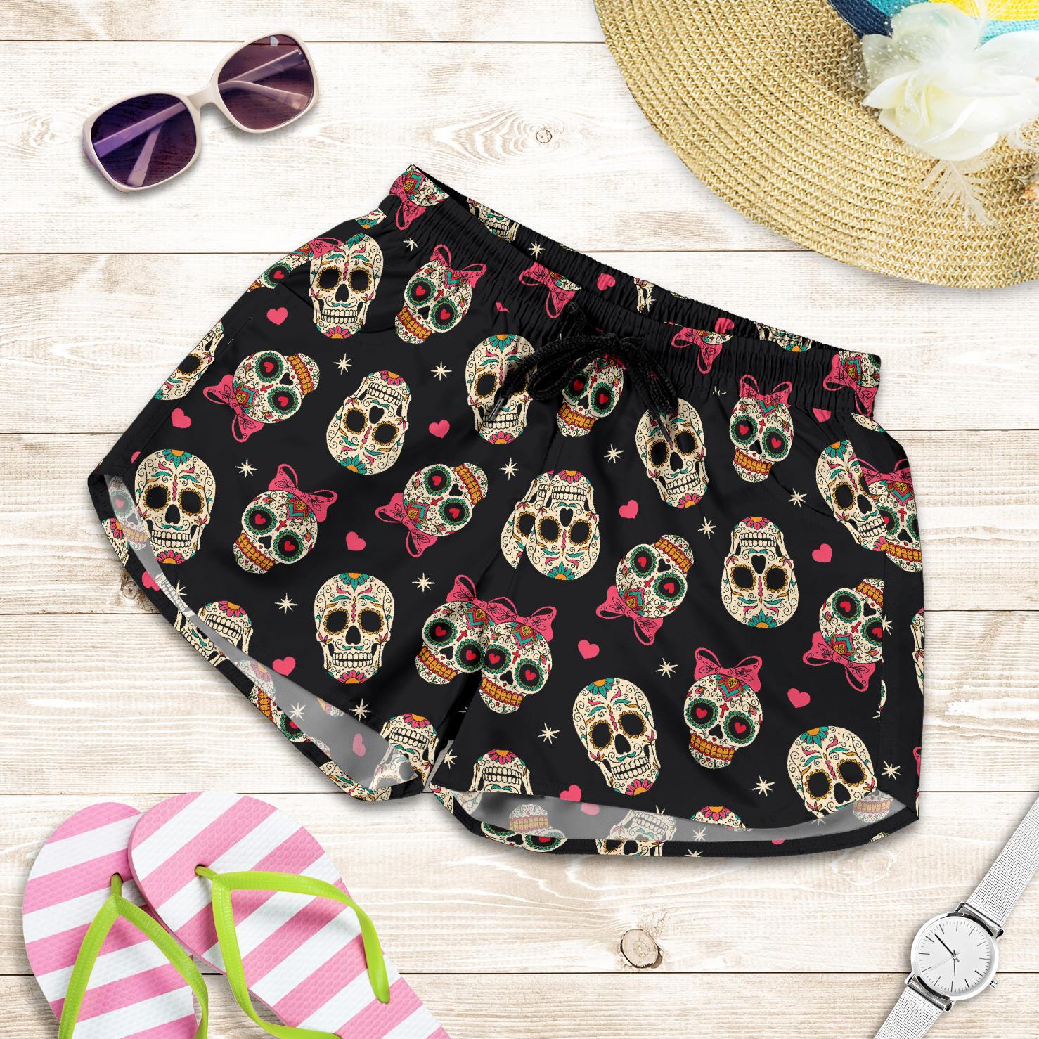 Sugar Skull Pink Bow Themed Print Women Shorts-JTAMIGO.COM