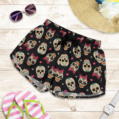 Sugar Skull Pink Bow Themed Print Women Shorts-JTAMIGO.COM