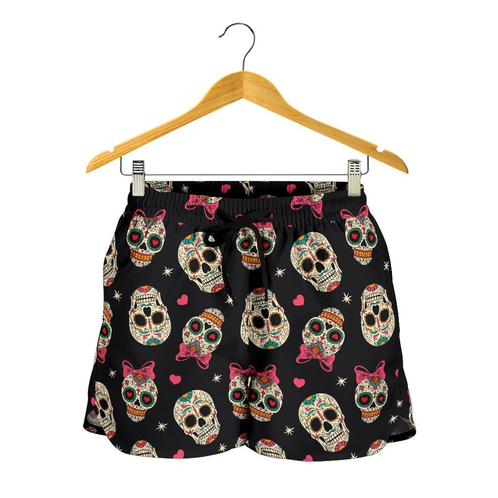 Sugar Skull Pink Bow Themed Print Women Shorts-JTAMIGO.COM