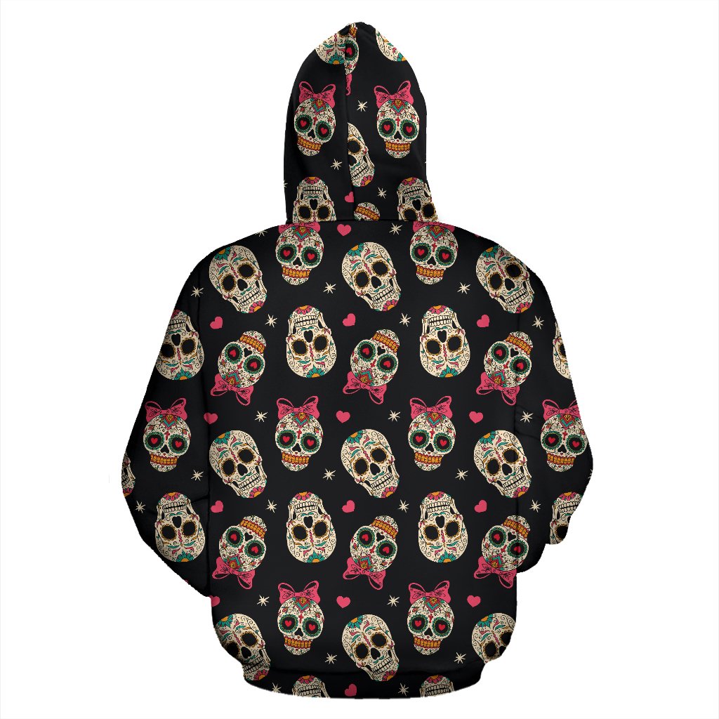 Sugar Skull Pink Bow Themed Print Zip Up Hoodie