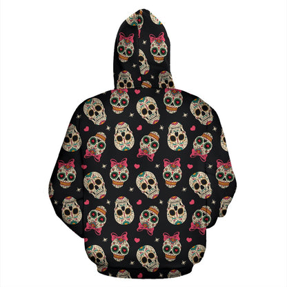 Sugar Skull Pink Bow Themed Print Zip Up Hoodie