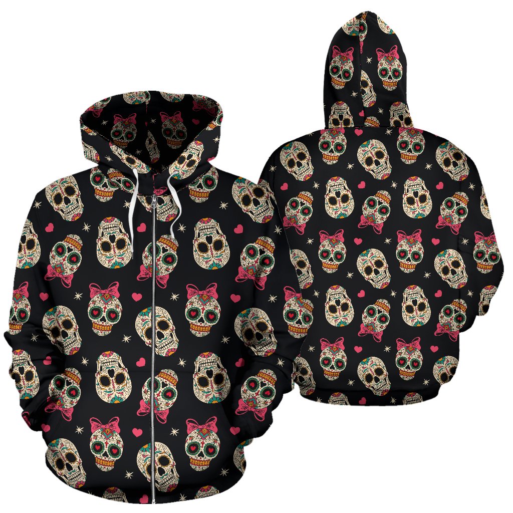 Sugar Skull Pink Bow Themed Print Zip Up Hoodie