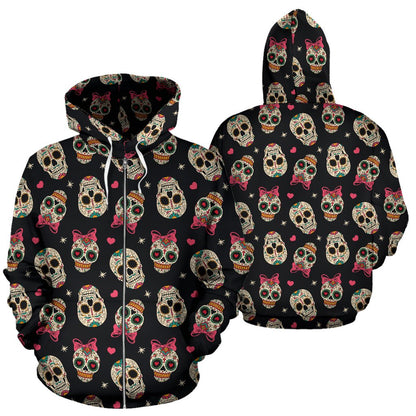 Sugar Skull Pink Bow Themed Print Zip Up Hoodie