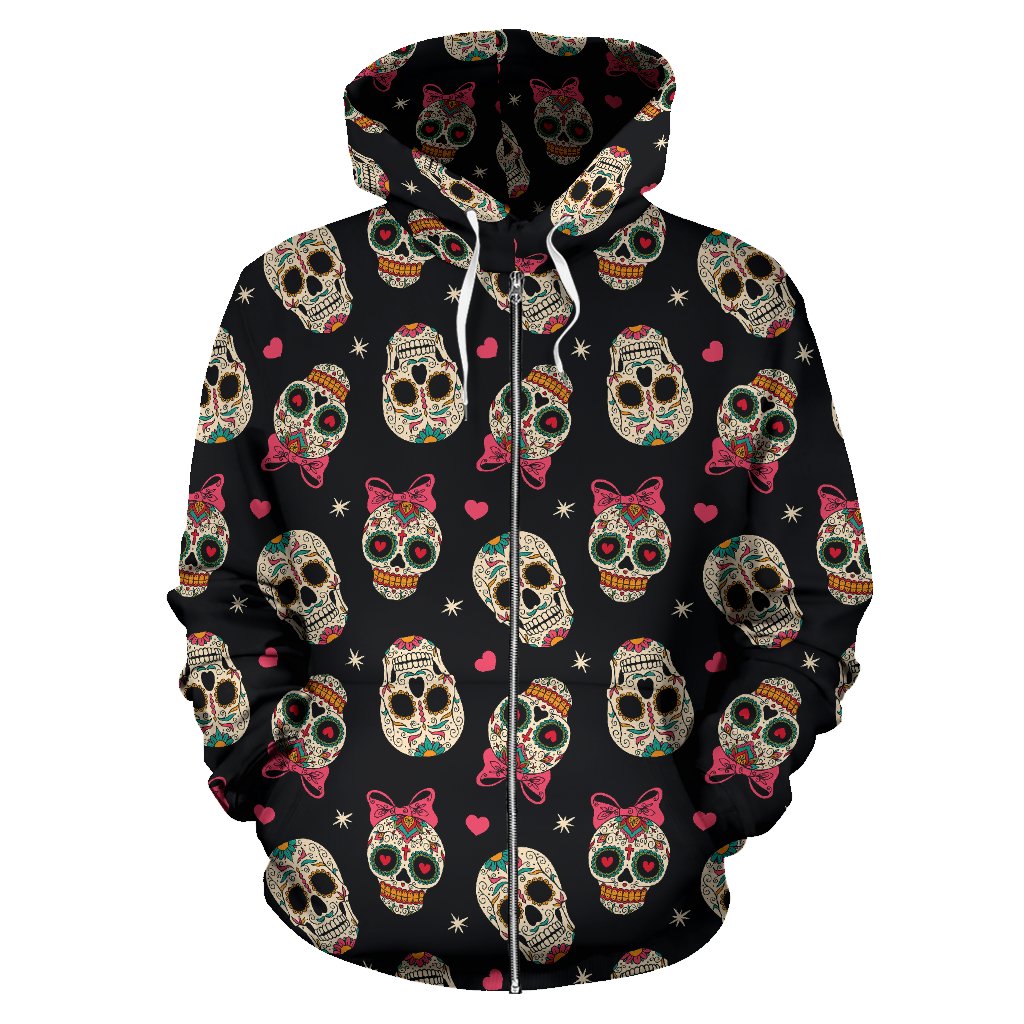 Sugar Skull Pink Bow Themed Print Zip Up Hoodie