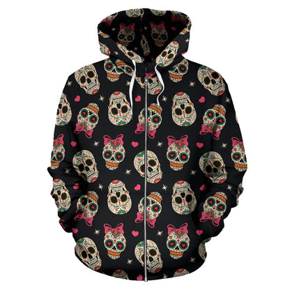 Sugar Skull Pink Bow Themed Print Zip Up Hoodie