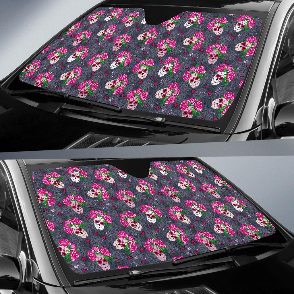 Sugar Skull Pink Rose Themed Print Car Sun Shade For Windshield