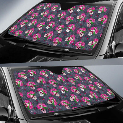 Sugar Skull Pink Rose Themed Print Car Sun Shade For Windshield