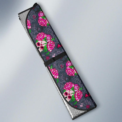 Sugar Skull Pink Rose Themed Print Car Sun Shade For Windshield