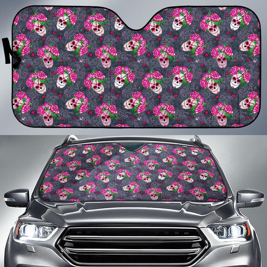 Sugar Skull Pink Rose Themed Print Car Sun Shade For Windshield