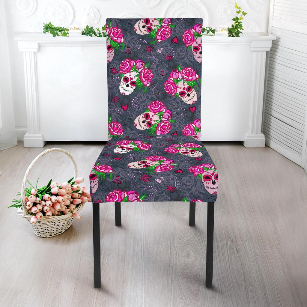 Sugar Skull Pink Rose Themed Print Dining Chair Slipcover-JTAMIGO.COM